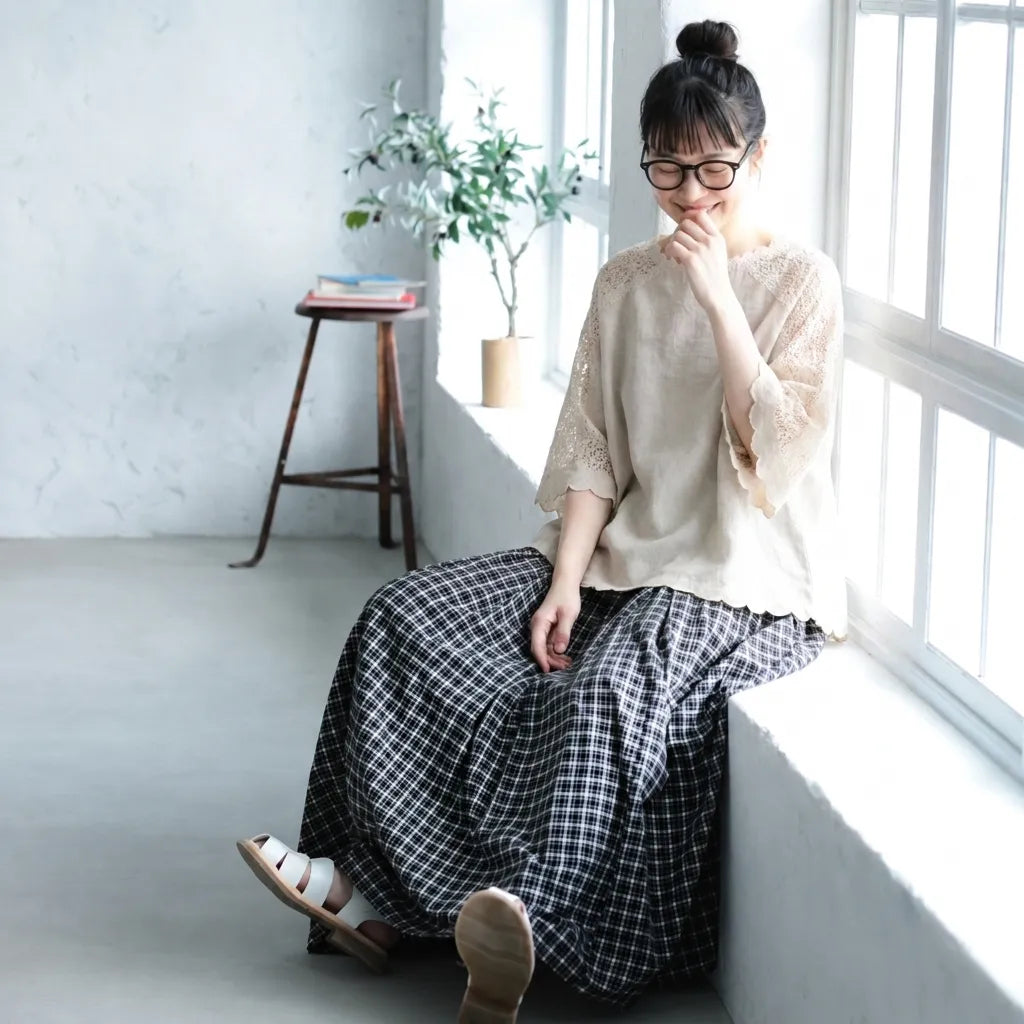 S-L 綿麻 カットワーク フレアスリーブ 半袖 無地 切り替え シンプル Tシャツ