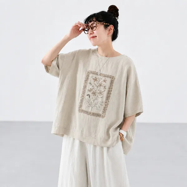 M-2XL ナチュラル プリント コットン混 半袖Tシャツ 体型カバー ルーズ