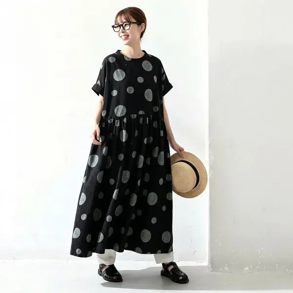 M-2XL 夏でも涼しい カフェ時間に プリーツ ポケット付き ドット柄 レトロ 半袖ワンピース