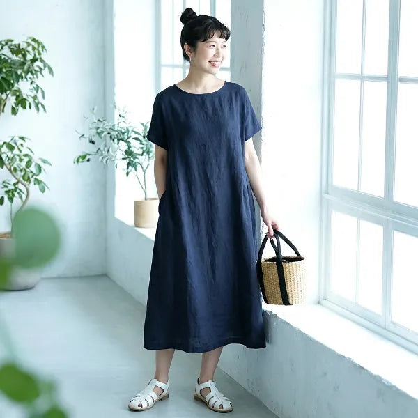 M-4XL 綿麻 無地 半袖 Aライン プリーツ カジュアル 半袖 中長 ワンピース
