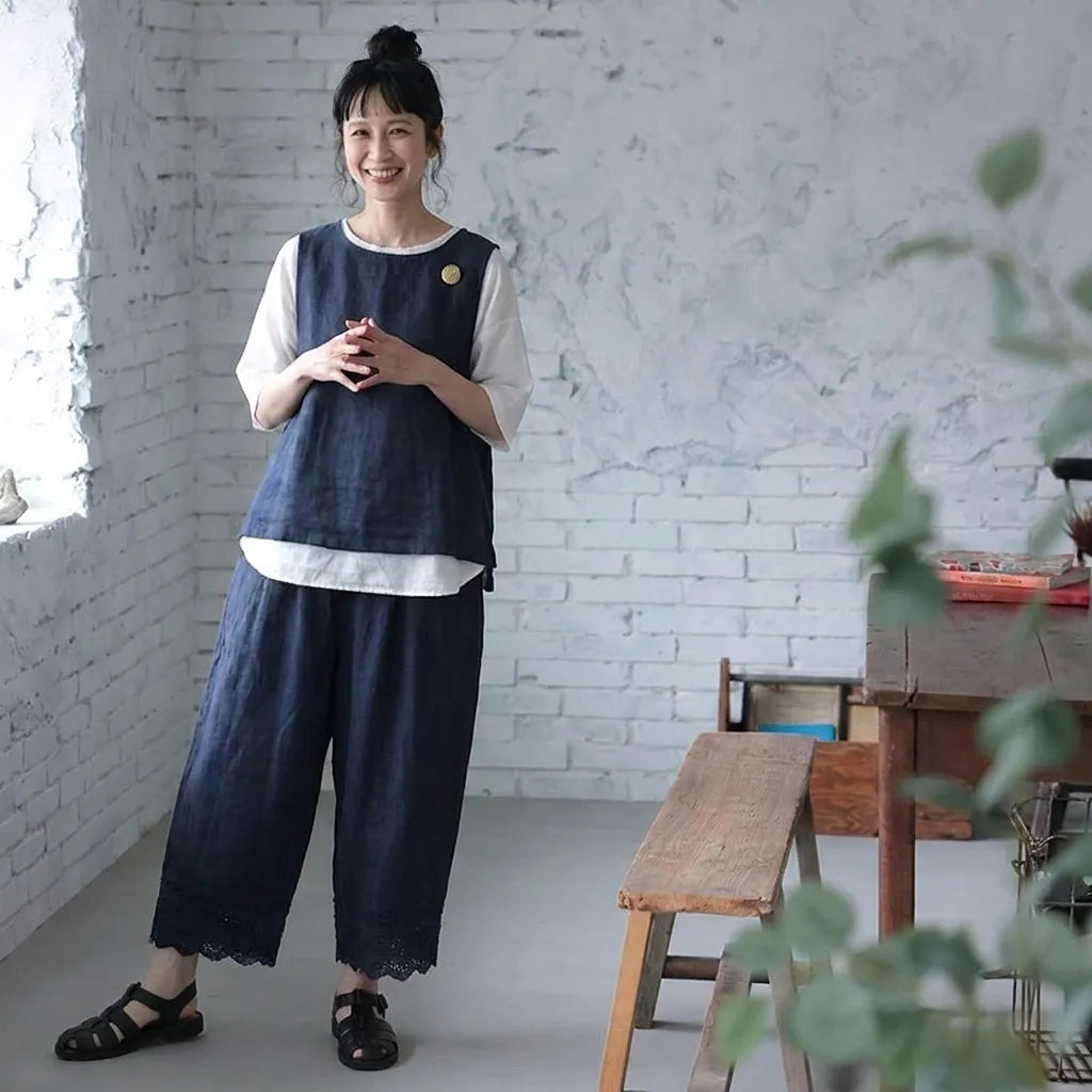 【3点セット】クルーネックトップス×ノースリーブベスト×裾カットアウトカジュアルパンツ