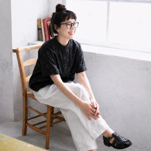 S-L ドット柄丸首半袖ブラウス＆リネン混ストレートパンツ 2点セット ゆったり ナチュラル