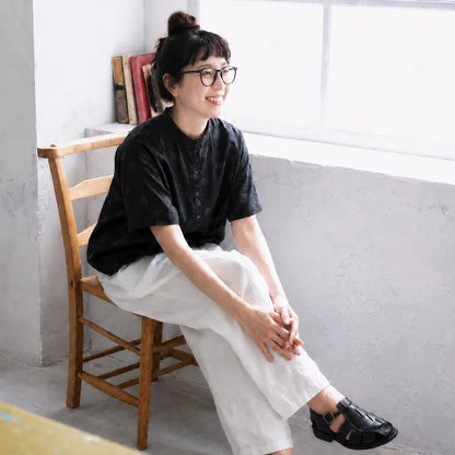 S-L ドット柄丸首半袖ブラウス＆リネン混ストレートパンツ 2点セット ゆったり ナチュラル