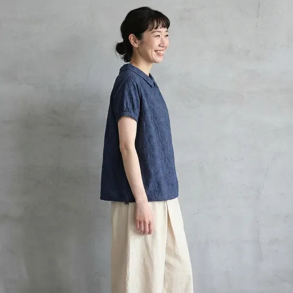 ナチュラル M~2XL リラックス＆レトロな夏の定番アイテム 半袖ブラウス/ダボシャツ・ラクに着られる