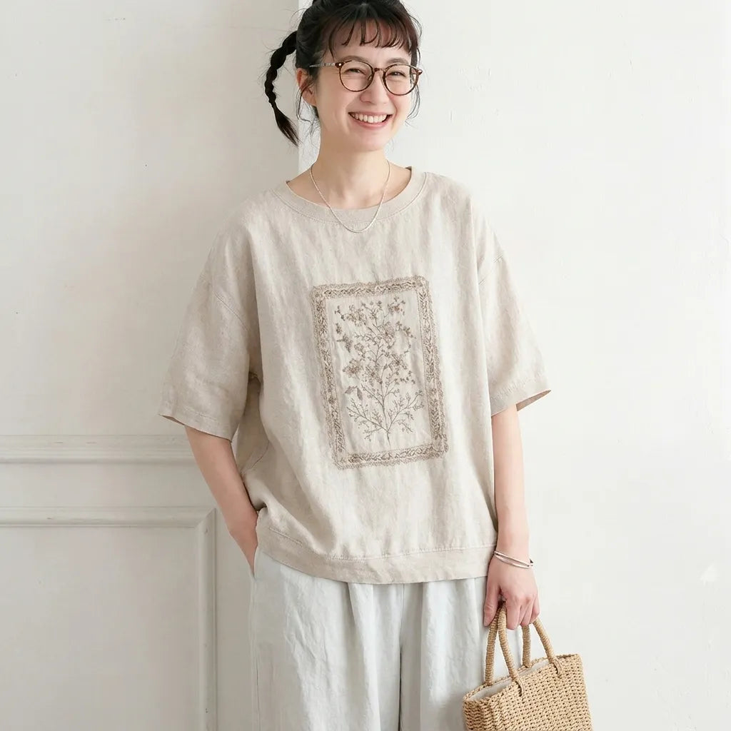 M-2XL ナチュラル プリント コットン混 半袖Tシャツ 体型カバー ルーズ