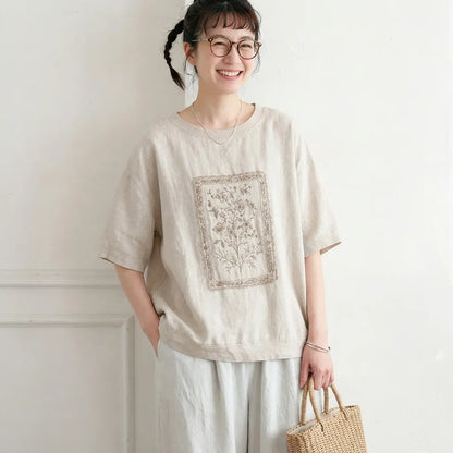 M-2XL ナチュラル プリント コットン混 半袖Tシャツ 体型カバー ルーズ