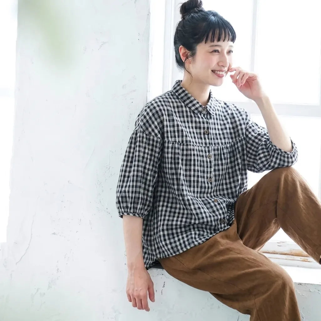 薄手綿麻素材大きめサイズ通勤チェックシャツ チェック柄