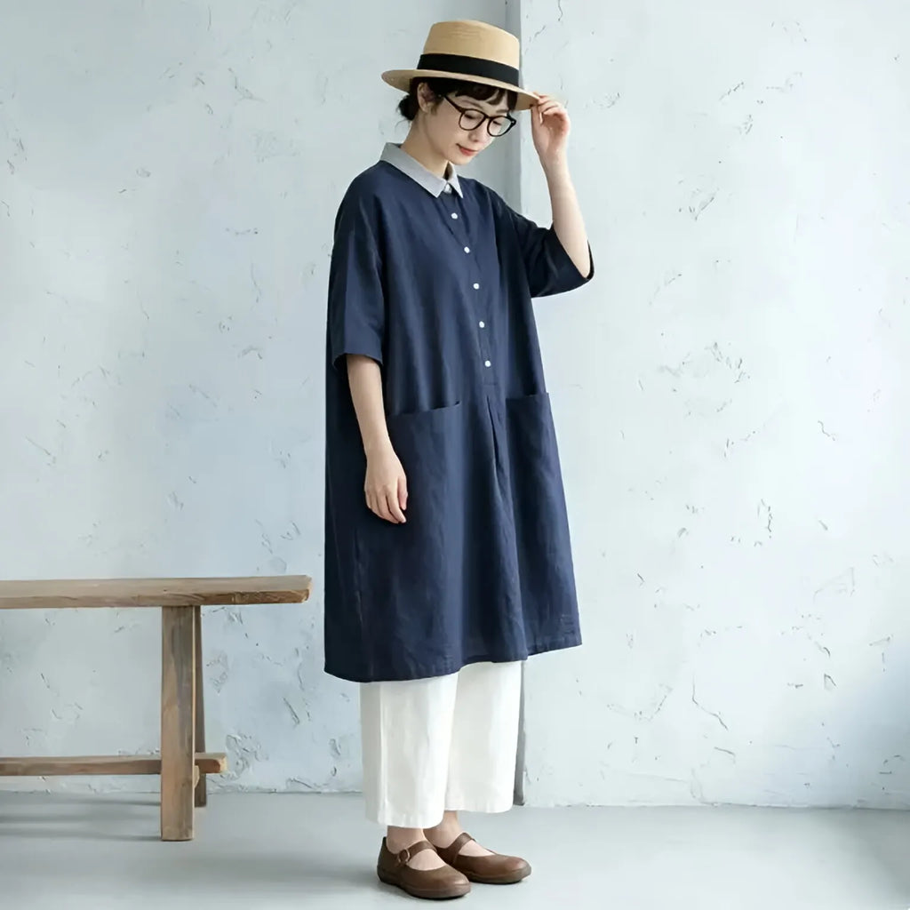 M-2XL 綿麻 ボタン 配色 切り替え 五分袖 シンプル カジュアルワンピース