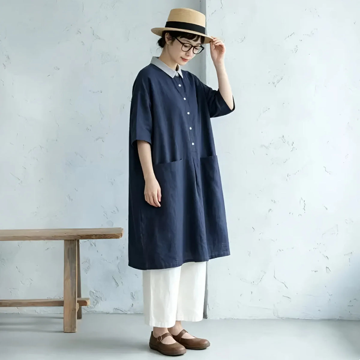 M-2XL 綿麻 ボタン 配色 切り替え 五分袖 シンプル カジュアルワンピース
