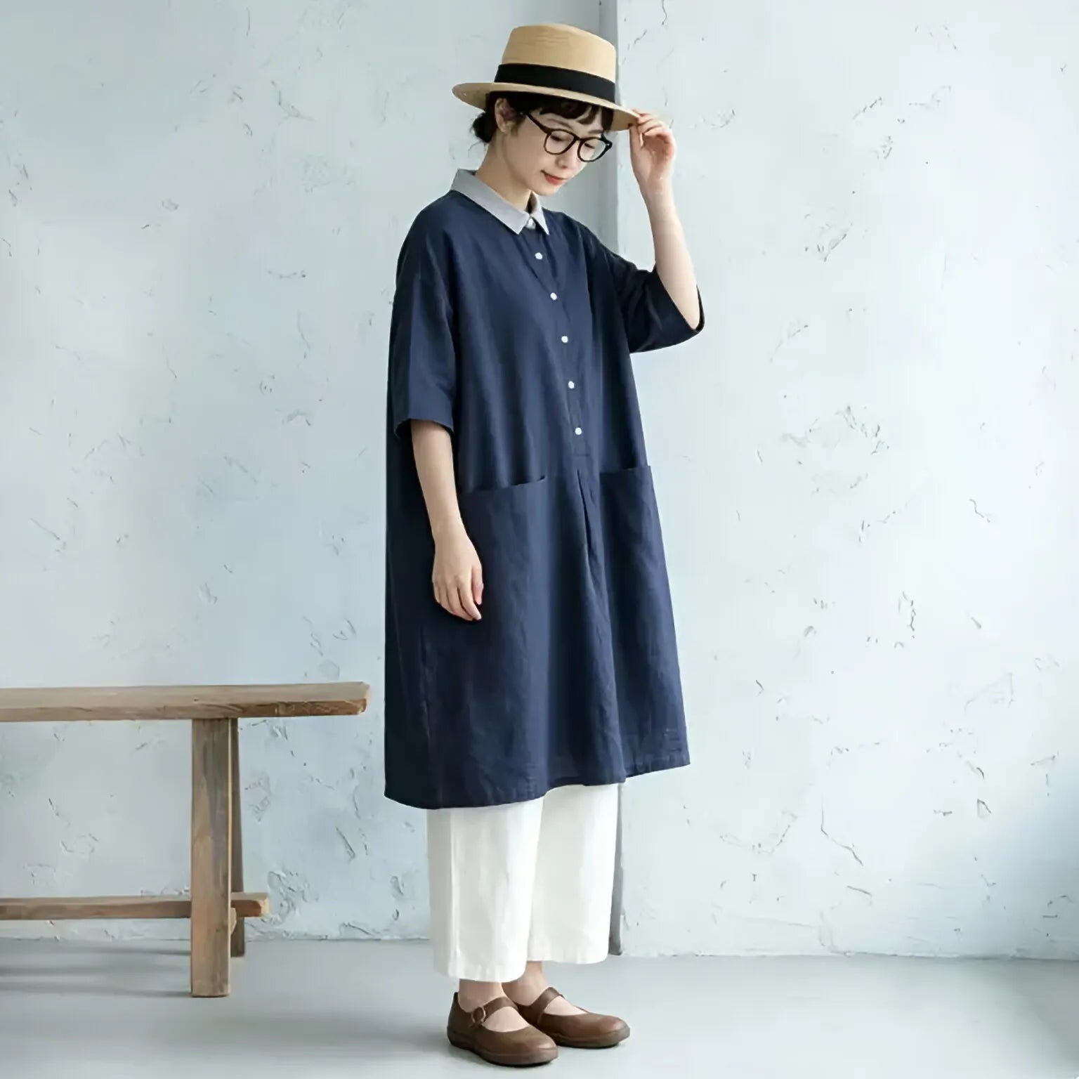 M-2XL 綿麻 ボタン 配色 切り替え 五分袖 シンプル カジュアルワンピース