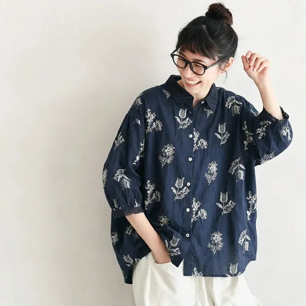 M-2XL 通気性良い 花模様 刺繍 清新 シャツ