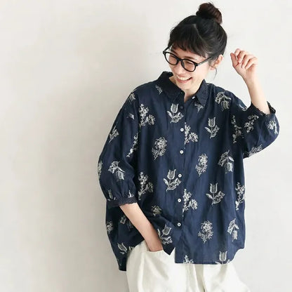 M-2XL 通気性良い 花模様 刺繍 清新 シャツ