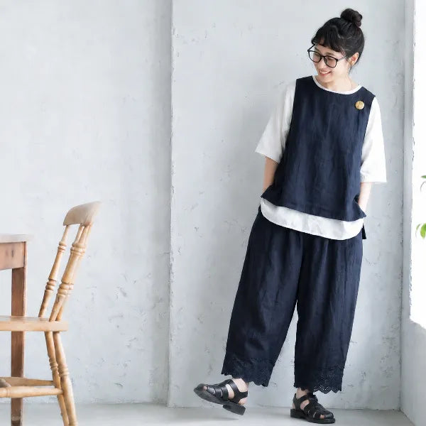 S-L 丸首五分袖ブラウス×ノースリーブトップス×裾レースバルーンワイドパンツ 3点セット