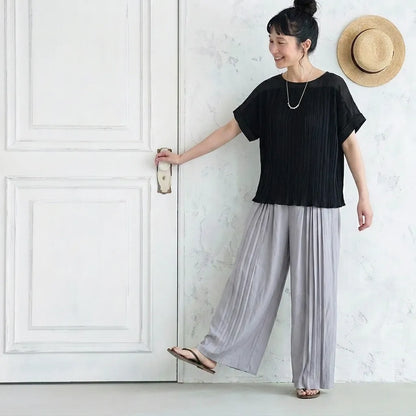 【単品注文】クルーネックバットスリーブ半袖トップスとプリーツワイドパンツセットアップ