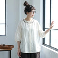 M-2XL 刺繍フリル襟リネンバルーン袖ブラウス
