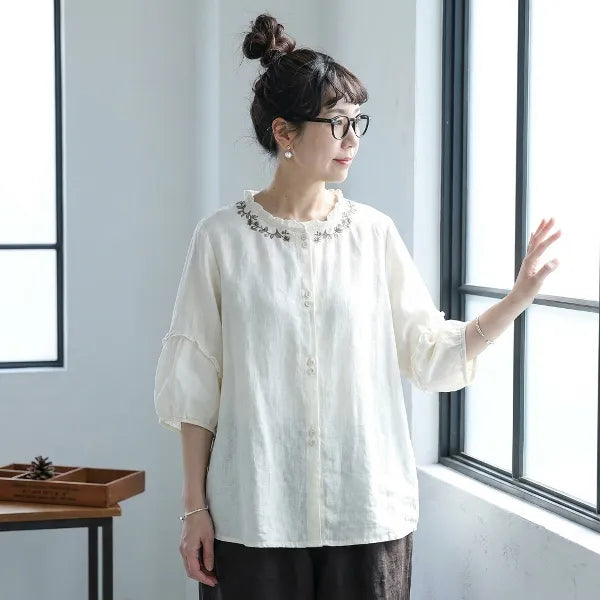 M-2XL 刺繍フリル襟リネンバルーン袖ブラウス