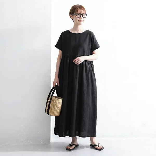 S-3XL 綿麻 無地 丸首 ギャザー ゆったり ナチュラル 大人カジュアル 通気性 体型カバー 夏コーデ 半袖 ワンピース