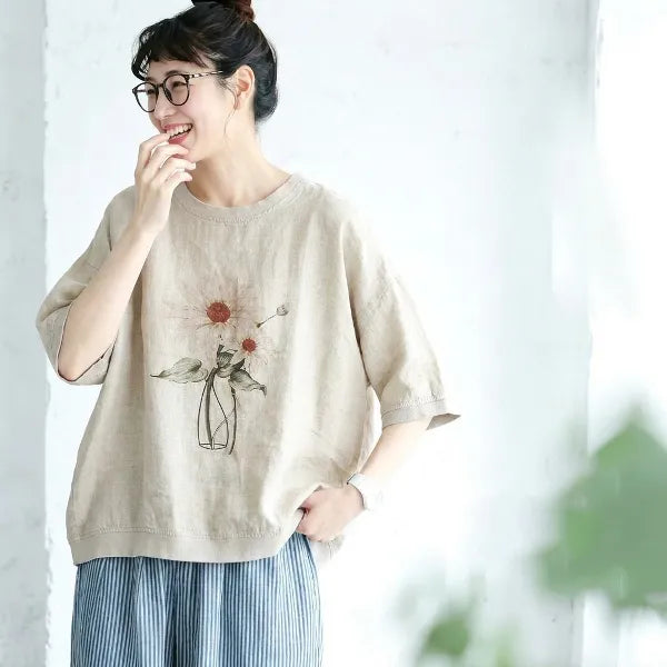 【柔らかい】M-3XL リネン プリント ラウンドネック ドルマンスリーブ 花模様 五分袖 カジュアル Tシャツ