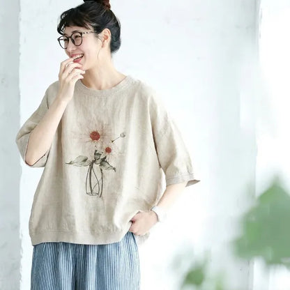 【柔らかい】M-3XL リネン プリント ラウンドネック ドルマンスリーブ 花模様 五分袖 カジュアル Tシャツ