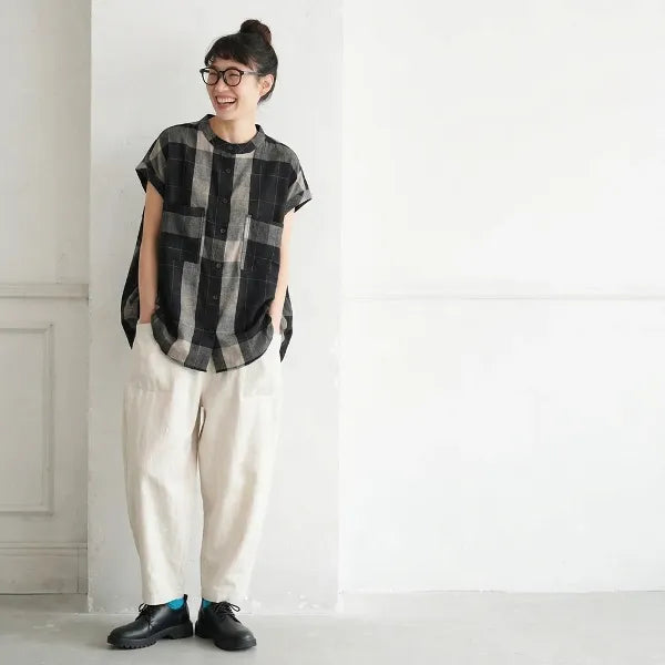M-2XL ラ綿麻 ウンドネック チェック柄 ノースリーブ シンプル Tシャツ