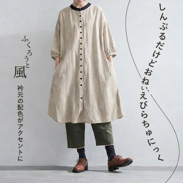 M-2XL リラックス感たっぷり リネン調ワンピース カーディガン カジュアルなお出かけに