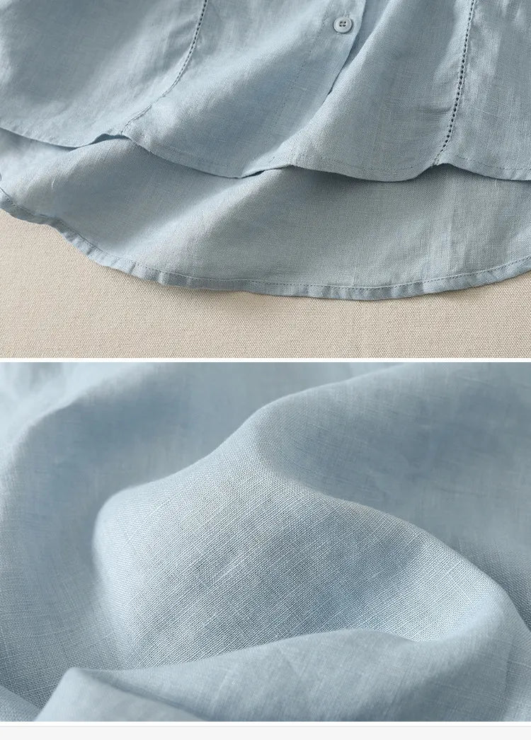 M-2XL ナチュラル 刺繍 レトロ 綿麻 立襟 五分袖 無地 シャツ