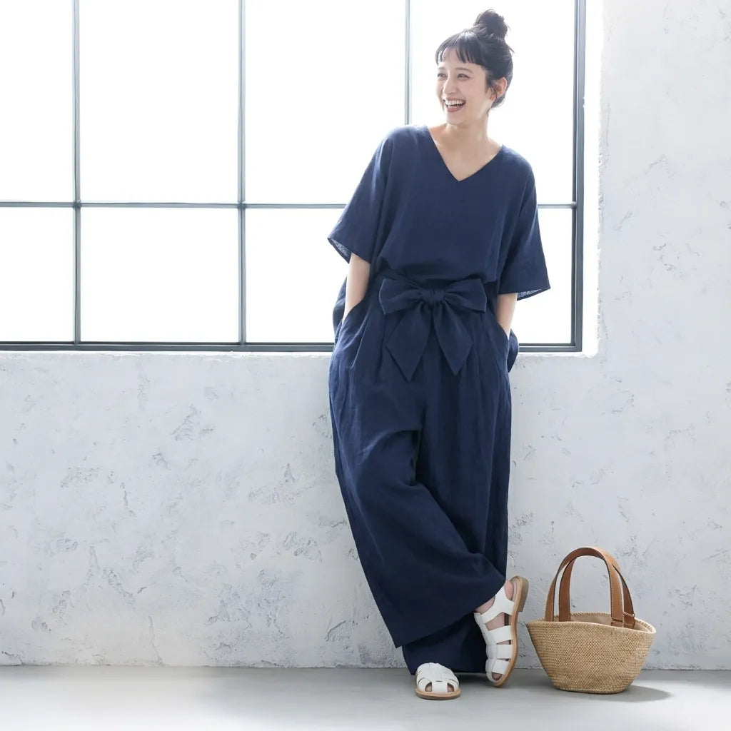 【2点セット】背スリットボタン V 半袖トップス リボンパンツ