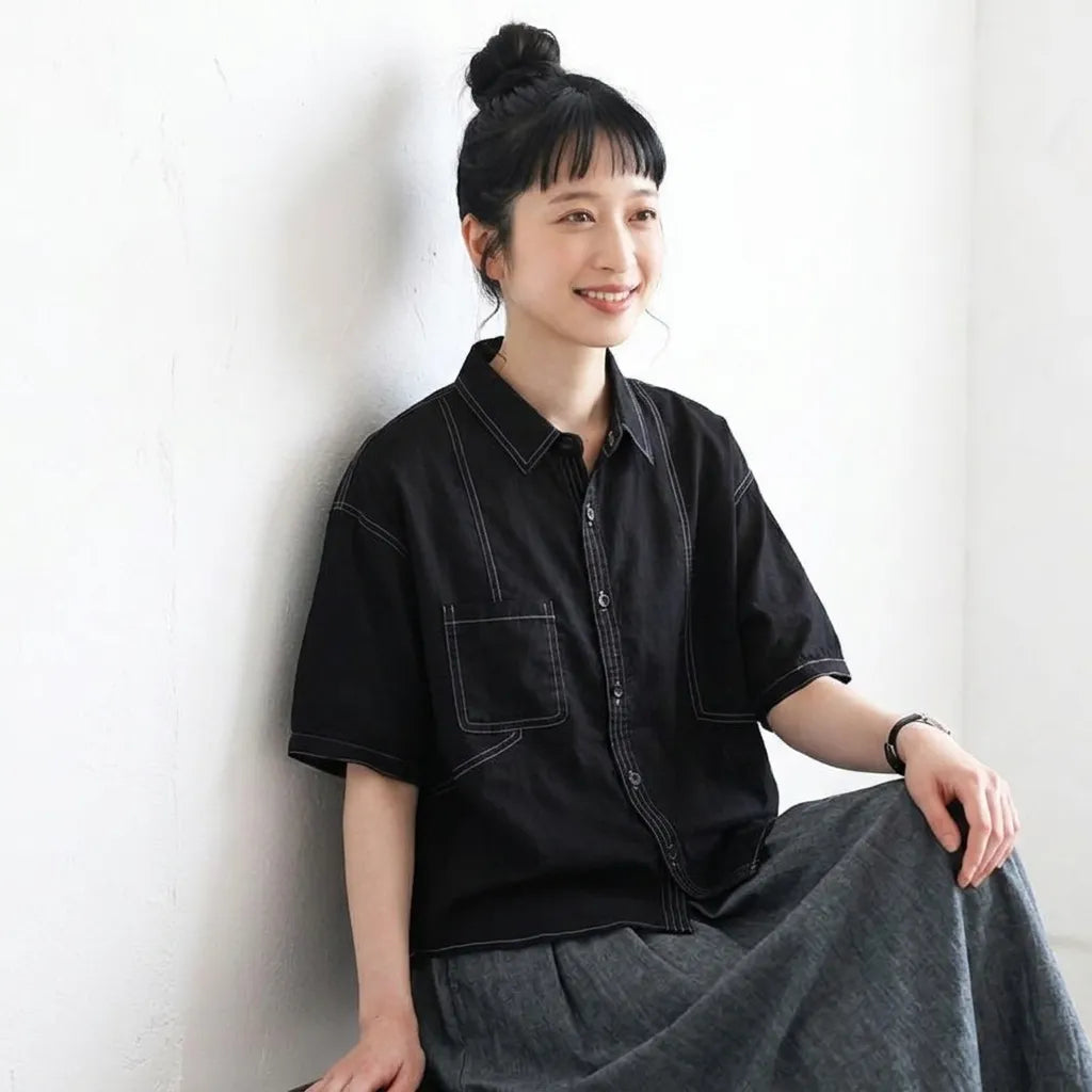 デザイン性あり 5 分袖ゆるカジュアルシャツ