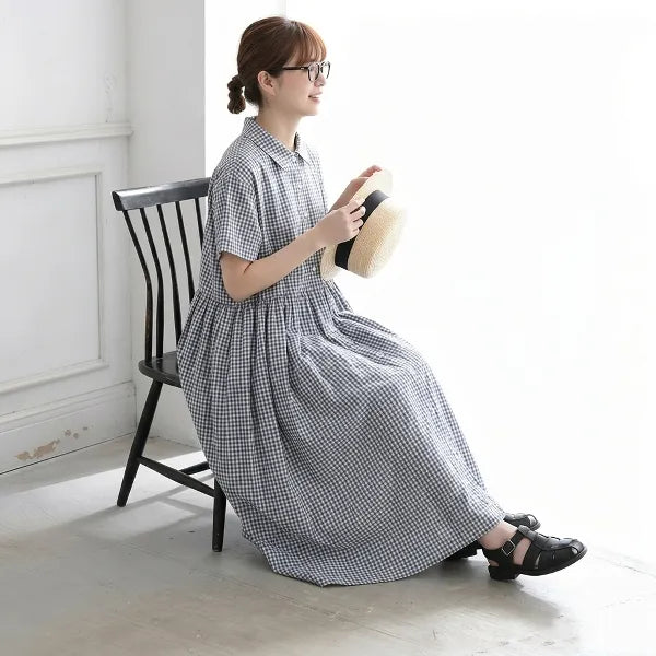 M-2XL 綿麻 POLOネック チェック柄 | デイリー ワンピース