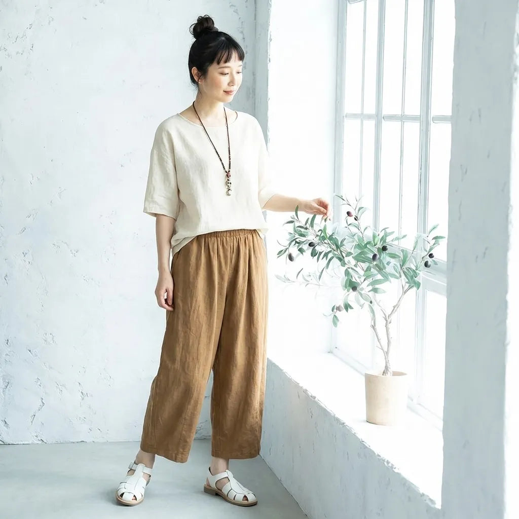 【2点セット】クルーネック綿麻半袖トップ×サルエルパンツ