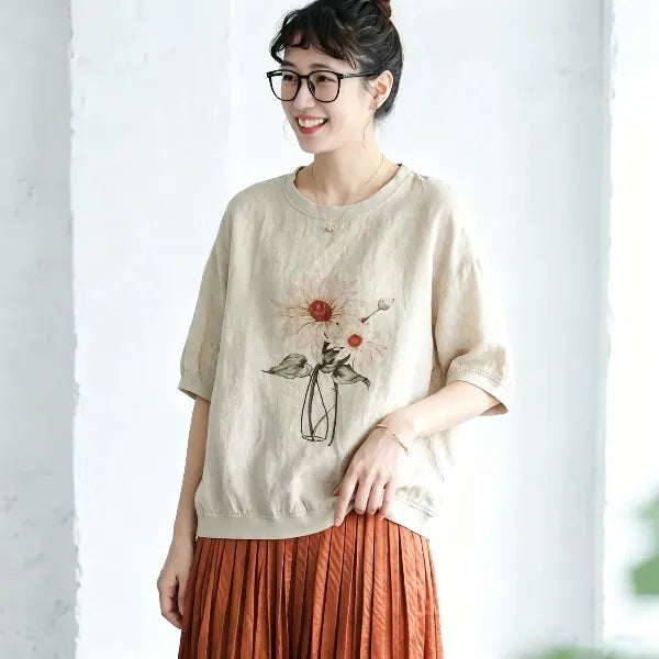 【柔らかい】M-3XL リネン プリント ラウンドネック ドルマンスリーブ 花模様 五分袖 カジュアル Tシャツ