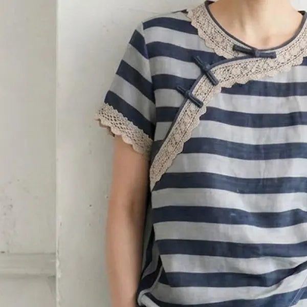 S-XL 大流行新作 レース 半袖 切り替え ボタン ボーダー 配色 ファッション Tシャツ