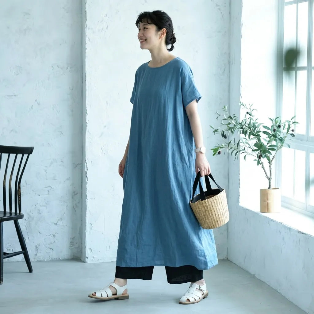 M-XL 脇ポケットリネン ロングワンピース ナチュラル