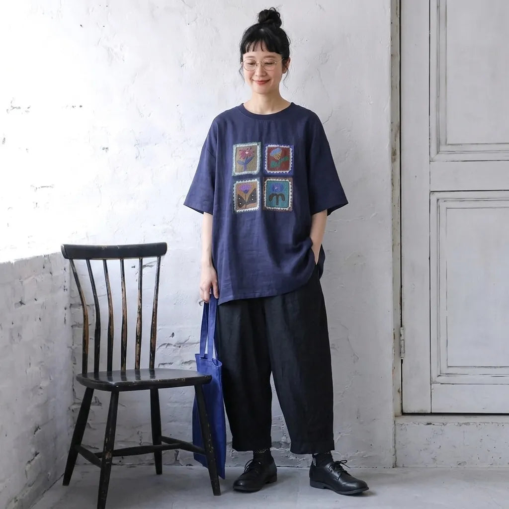 ルーズな雰囲気細見え半袖プルオーバーTシャツ