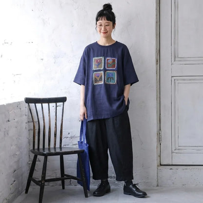 ルーズな雰囲気細見え半袖プルオーバーTシャツ