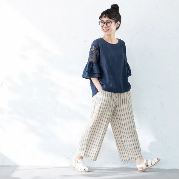 女性に大人気M-XL 五分袖 アンクル丈（9分丈） フレアスリーブ ストライプ柄 無地 カジュアル