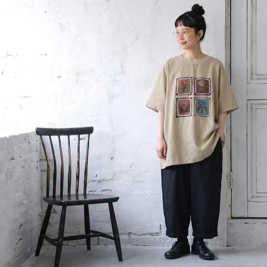 ルーズな雰囲気細見え半袖プルオーバーTシャツ