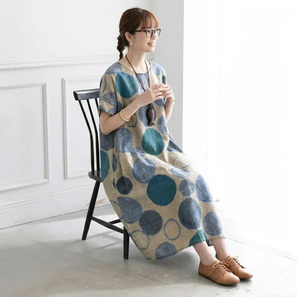 【綿麻】F 清楚見え 通気性良い ドット柄 プリント 半袖 カジュアルワンピース