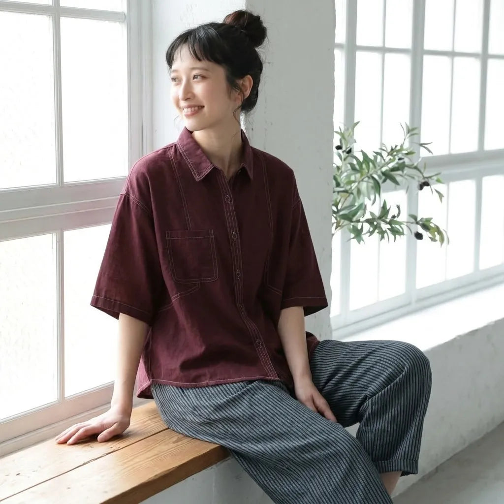 デザイン性あり 5 分袖ゆるカジュアルシャツ