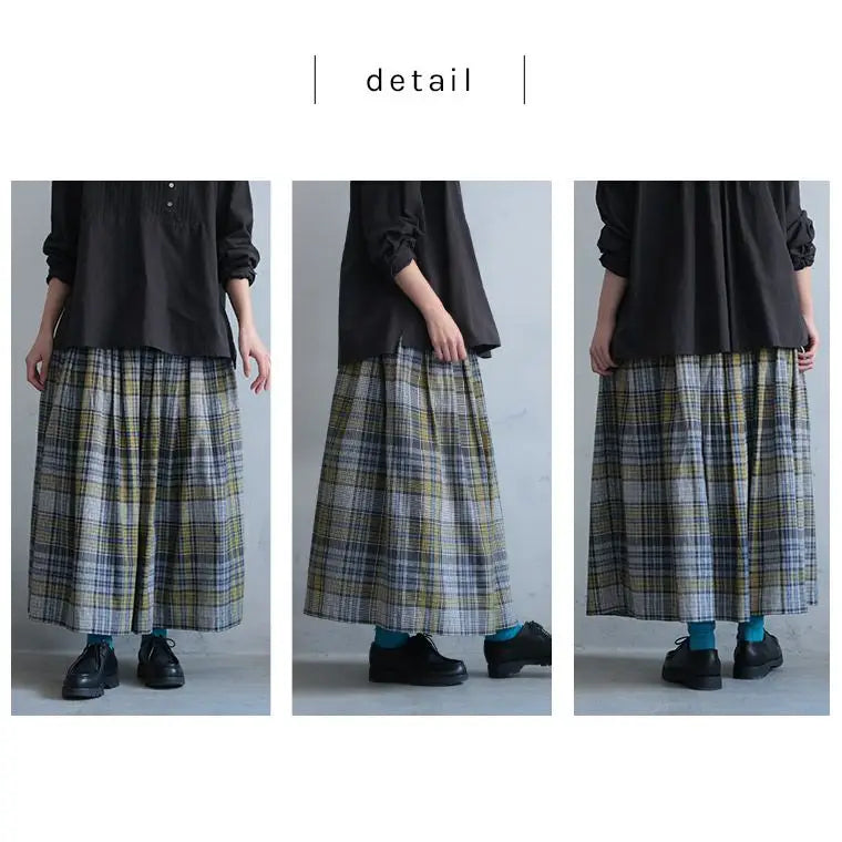 コットンのゆったりイエロー × グレーチェック ギャザー入り 森系 スカート