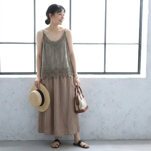 M-2XL 綿麻 レース 透かし彫り 刺繍 レトロ タンクトップ/キャミソール