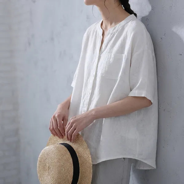 【綿麻】ゆったり シングルボタン 体型カバー 大人カジュアル レディース 半袖Tシャツ
