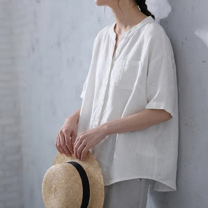 【綿麻】ゆったり シングルボタン 体型カバー 大人カジュアル レディース 半袖Tシャツ