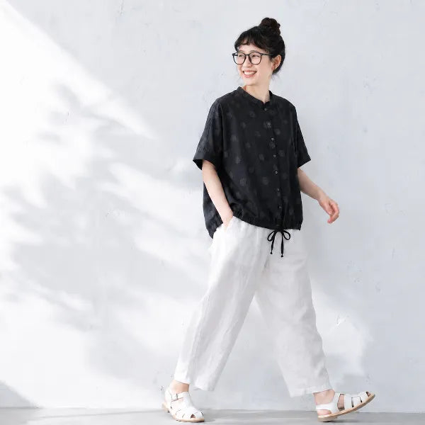 S-L ドット柄丸首半袖ブラウス＆リネン混ストレートパンツ 2点セット ゆったり ナチュラル