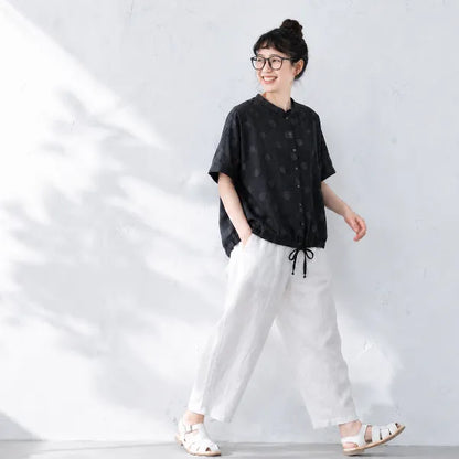 S-L ドット柄丸首半袖ブラウス＆リネン混ストレートパンツ 2点セット ゆったり ナチュラル