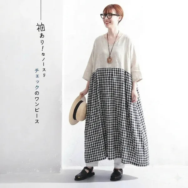 M-2XL リネン 夏でも涼しい 切り替え チェック柄 五分袖 お散歩に 半袖ワンピース
