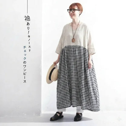 M-2XL リネン 夏でも涼しい 切り替え チェック柄 五分袖 お散歩に 半袖ワンピース
