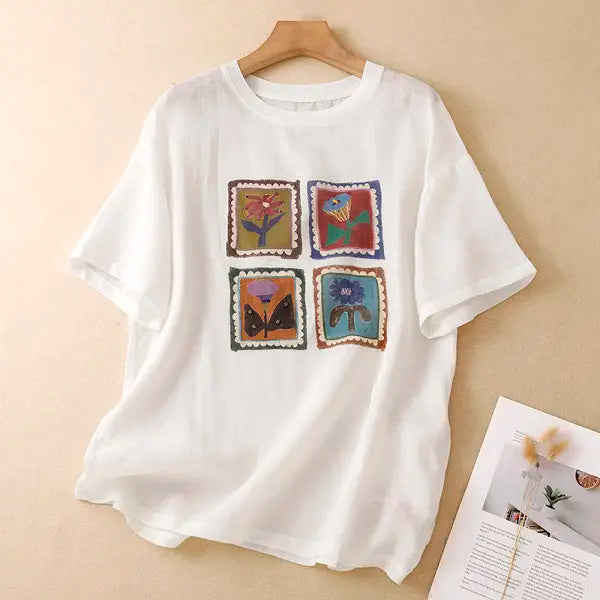 M-2XL 花模様 プリント ノーマルスリーブ 半袖 ラウンドネック カジュアル Tシャツ
