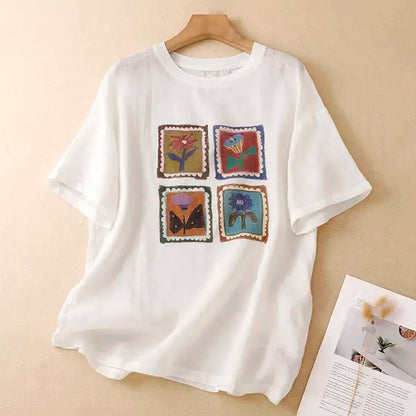 M-2XL 花模様 プリント ノーマルスリーブ 半袖 ラウンドネック カジュアル Tシャツ