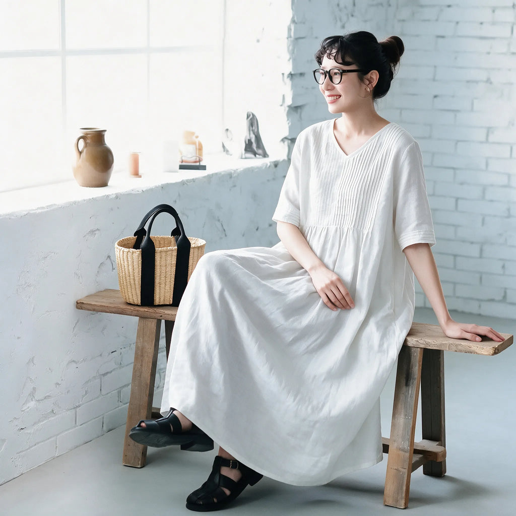 【リネン】M-2XL 袖あり！Vネック 五分袖 Aライン なみなみタック 着心地が良い ワンピース